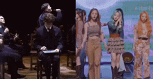 a man singing into a microphone next to a group of women standing next to each other