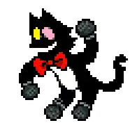 a pixel art of a black cat wearing a red bow tie
