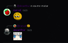 a screenshot of a conversation between skcarthur and narval with smiley faces