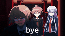 a group of anime characters are standing next to each other and the word bye is on the bottom