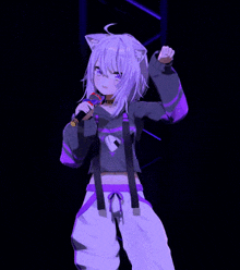 a girl with a cat ear holding a microphone