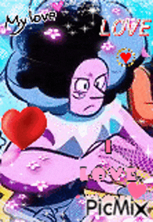 a picture of a cartoon character with a heart and the words `` my love '' on it .