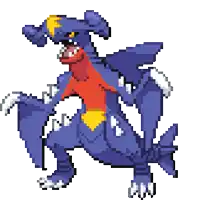 a pixel art drawing of a blue and red dragon with wings