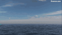 a blue circle with a bird on it is in the middle of the ocean with a financer.com logo in the corner