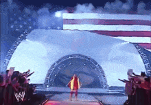 a w logo is on the side of a stage in front of an american flag
