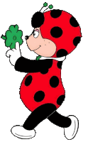 a cartoon ladybug is holding a green clover in her hand