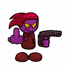a cartoon character with purple hair is holding a gun and giving the middle finger .