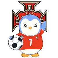 a penguin wearing a red shirt with the number 7 holding a soccer ball