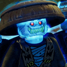 a close up of a lego ninjago character with glowing eyes