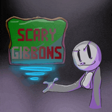 a cartoon character stands in front of a scary gibbons sign