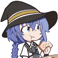 a cartoon of a girl wearing a witch hat and eating a piece of bread