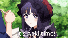 a purple haired anime girl with the words " it 's anki time " above her