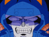 a close up of a cartoon character 's face with a blue helmet on