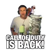 a man giving a thumbs up next to a stack of call of duty video games