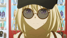 a blonde anime girl wearing sunglasses and a hat