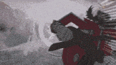 a cartoon of a man riding a red motorcycle