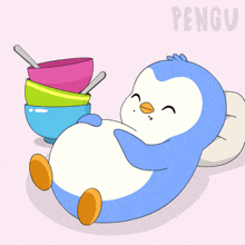 a penguin laying on a pillow next to a stack of bowls and the word pengu