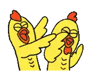 a couple of yellow chickens are standing next to each other and covering their eyes with their hands .