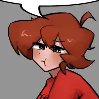 a cartoon drawing of a girl with red hair and a speech bubble above her head
