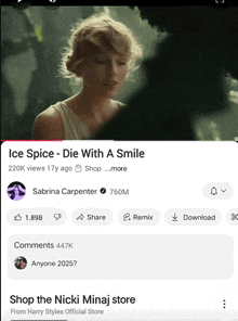 a screenshot of ice spice die with a smile by sabrina carpenter