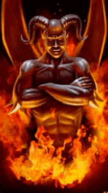 a demon with horns is surrounded by fire