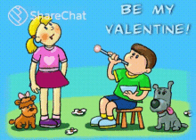 a cartoon of a boy blowing bubbles and a girl standing next to him with the words be my valentine