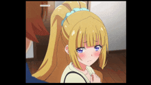 a girl with blonde hair and blue eyes is looking at a boy