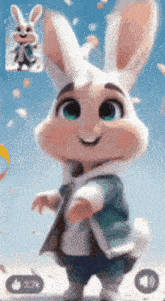 a cartoon rabbit is standing in front of a blue sky with a thumbs up icon