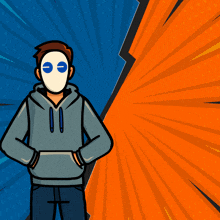 a cartoon drawing of a man wearing a mask with blue eyes