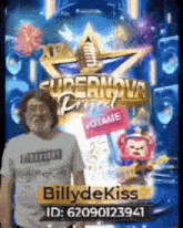 a man is standing in front of a poster that says supernova