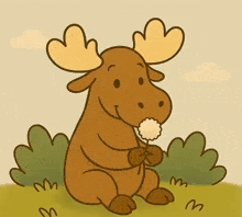 a cartoon moose is holding a flower in its mouth and smiling