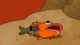a cartoon fish with its mouth wide open and a belt around its waist