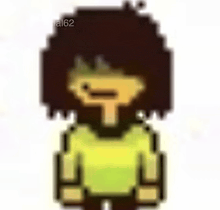 kris from undertale is a pixel art character with brown hair and a yellow sweater .