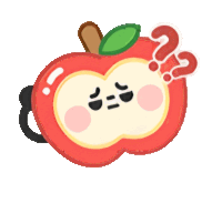 a cartoon drawing of an apple with a question mark above its head