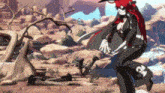 a woman with red hair and a hat is standing in the desert .