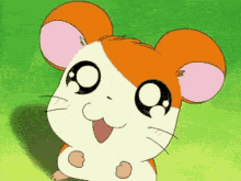 a cartoon hamster with big eyes is smiling and looking up at the camera