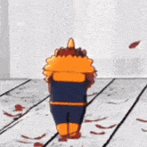 a cartoon character is standing on a wooden floor with blood on it .
