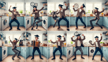 a collage of people dancing in a kitchen