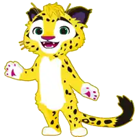 a cartoon cheetah with a purple ear is waving