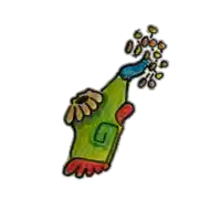 a colorful drawing of a hand holding a bottle with flowers coming out of it