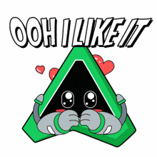 a cartoon character is holding a green triangle with the words " oh i like it " written above it