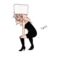 a drawing of a woman with a white box on her head that says ' twerk ' on the bottom
