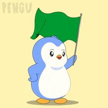 a penguin holding a green flag with the word pengu on the bottom right