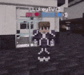 a video game character is standing in front of a sign that says lukey tv