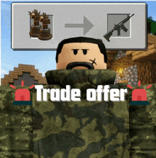 a video game character with the words trade offer written on his chest