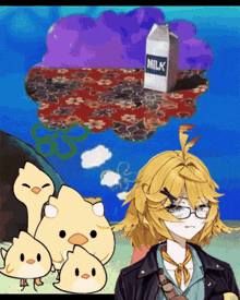 a girl with glasses is standing in front of a box of milk