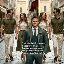 a man in a suit is walking down a street with three women behind him