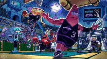 a cartoon of spongebob playing basketball with patrick wearing the number 3 jersey