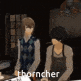 two anime characters are standing next to each other in a dark room and one of them is wearing an apron .