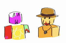a drawing of a man with a necklace and a purple face